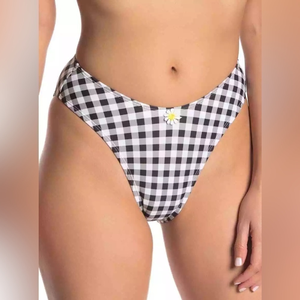 NWT Betsey Johnson Bikini Bottoms Size Large Black White Gingham Print High Rise